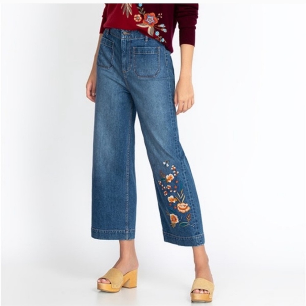 Johnny Was Shuri Cropped Wide Leg Jeans Floral Embroidered Patch Pocket Size 29 - Picture 16 of 16